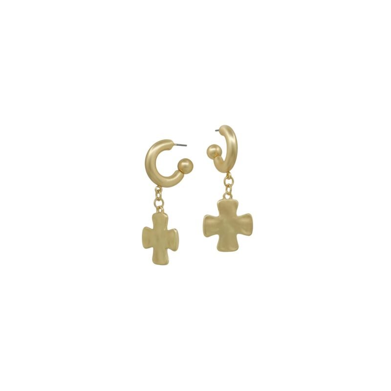 Cross Drop Hoop Gold Earrings