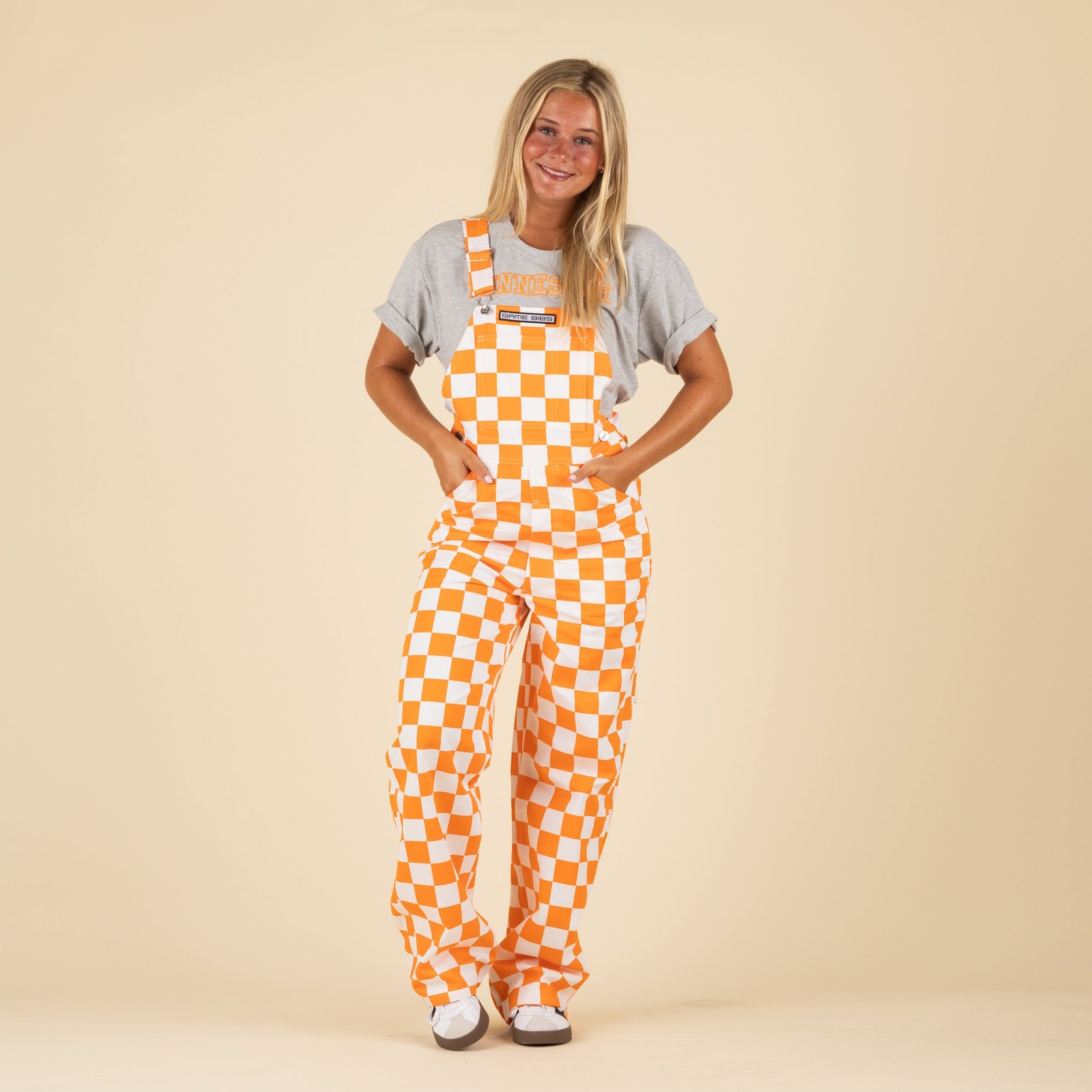 Checked Orange and White Overall Bibs