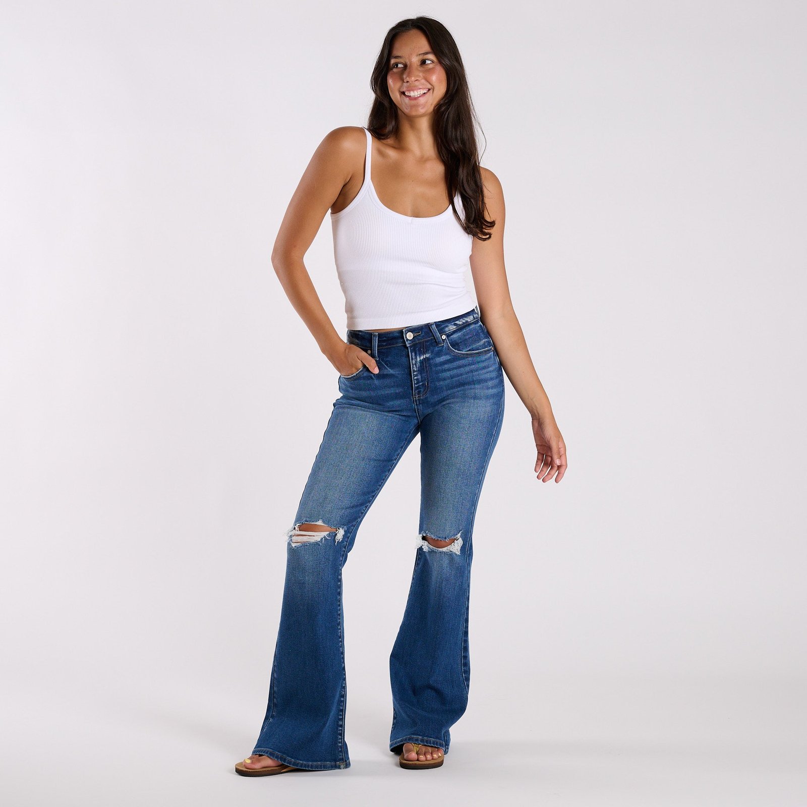 High-Rise Distressed Dark Wash Flare Jeans