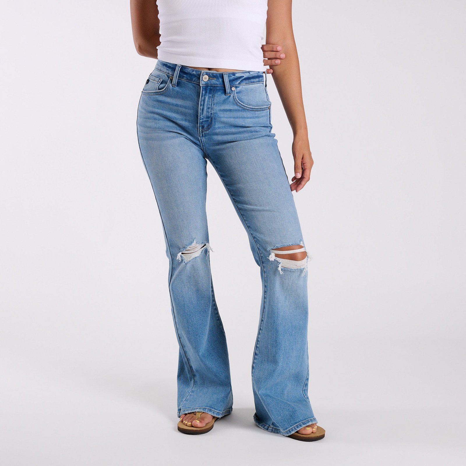 High-Rise Distressed Medium Wash Flare Jeans