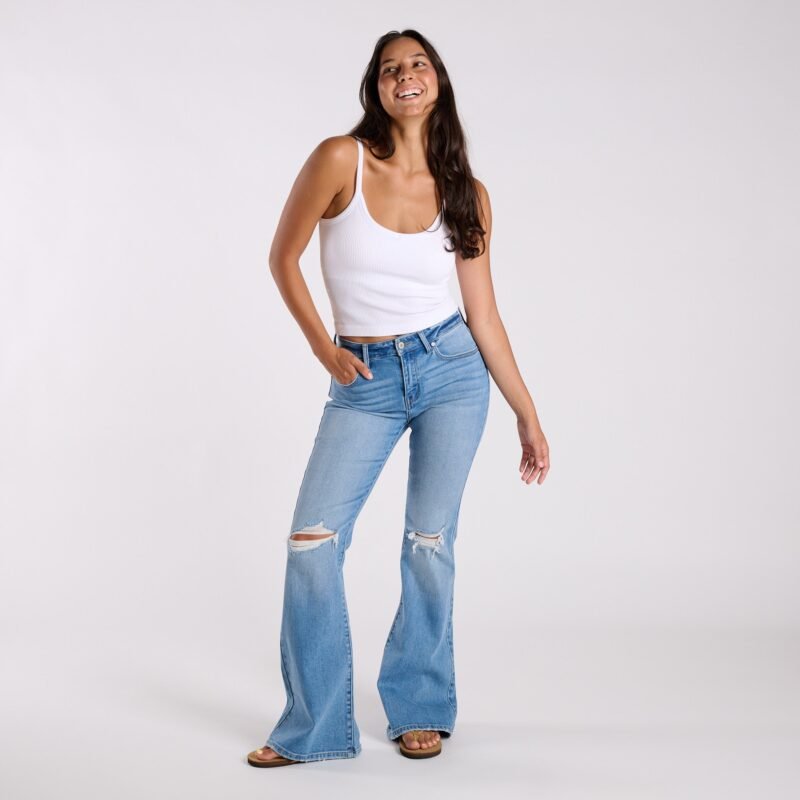 High-Rise Distressed Medium Wash Flare Jeans