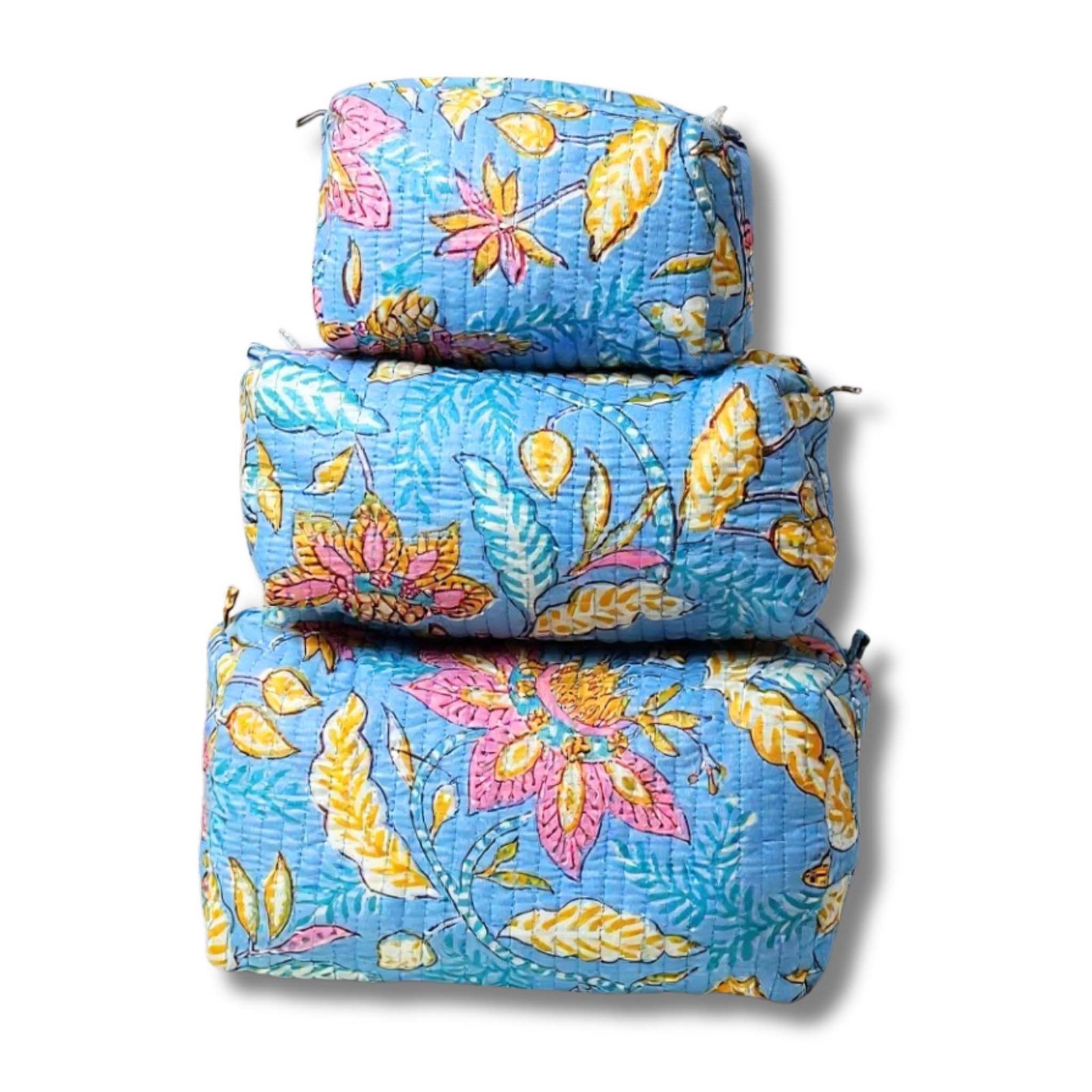 3-in-1 Quilted Cosmetic Bag Set in Blue Floral
