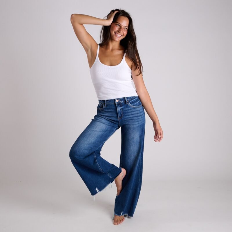 High Rise Raw Hem Wide Leg Dark Jeans